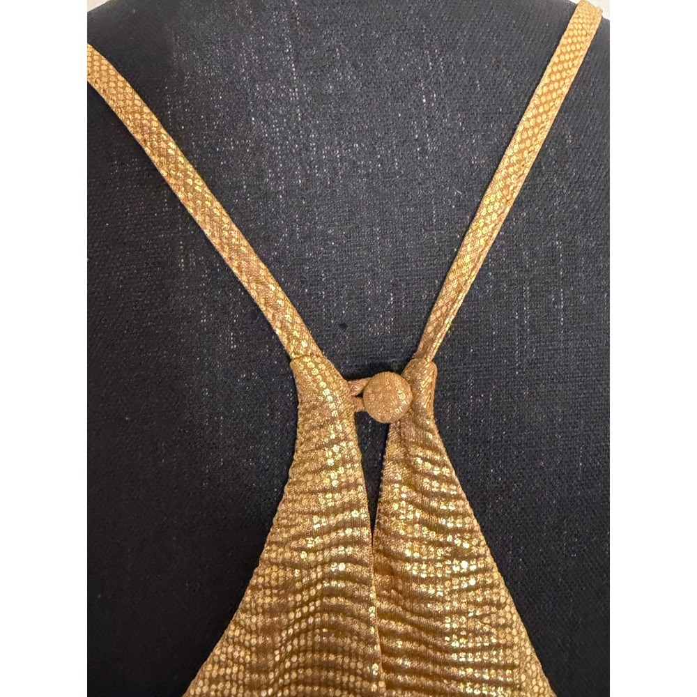 Halston Heritage Gold Metallic Pleated Halter Mini Dress Large Disco Cocktail - Picture 5 of 9